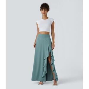 Halara High Waisted Asymmetric Ruffle Trim Split Hem 2-in-1 Maxi Casual Skirt